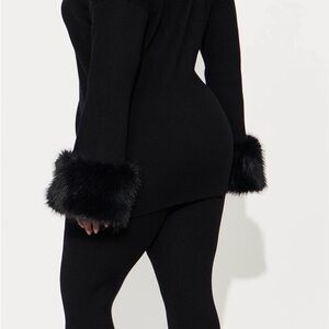 Fashion Nova Black Knit Set with Faux Fur Cuffs